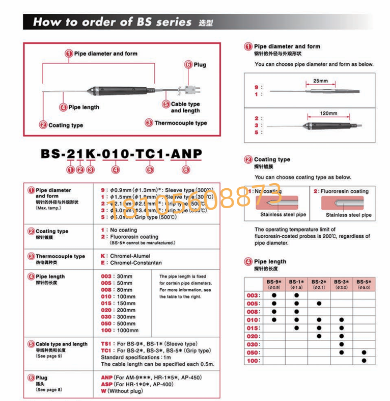 ANRITSU安立计器温度传感器BS-31E-010-TC1-ANP/液体・半固体用内部温度传感器